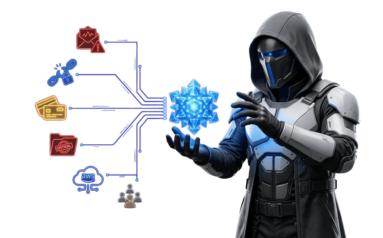 A RAVIONIX operator holding a data core while email, password, payment, critical-alert, AWS and team sources converge into it