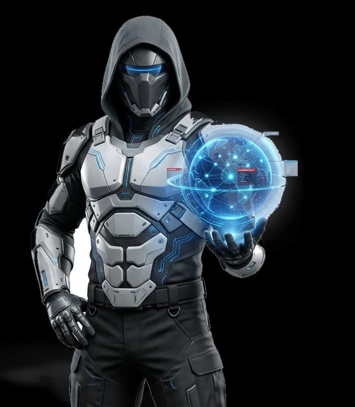 A RAVIONIX security operator holding a live holographic globe of global threat activity